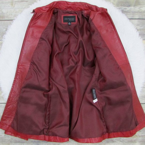 Express Zip Front Belted Leather Jacket Red - Picture 8 of 12
